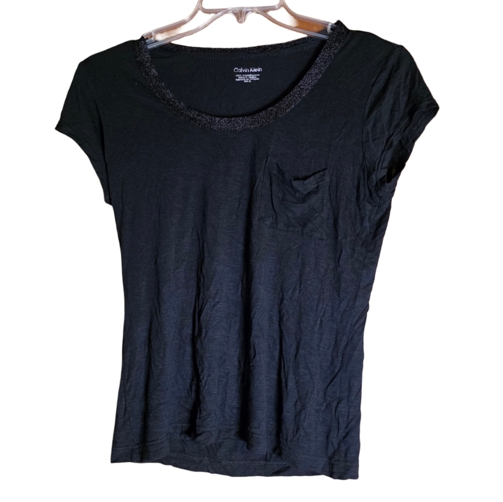 Calvin Klein Black Rayon Tee Medium Beaded Scoop Neck Pocket Top